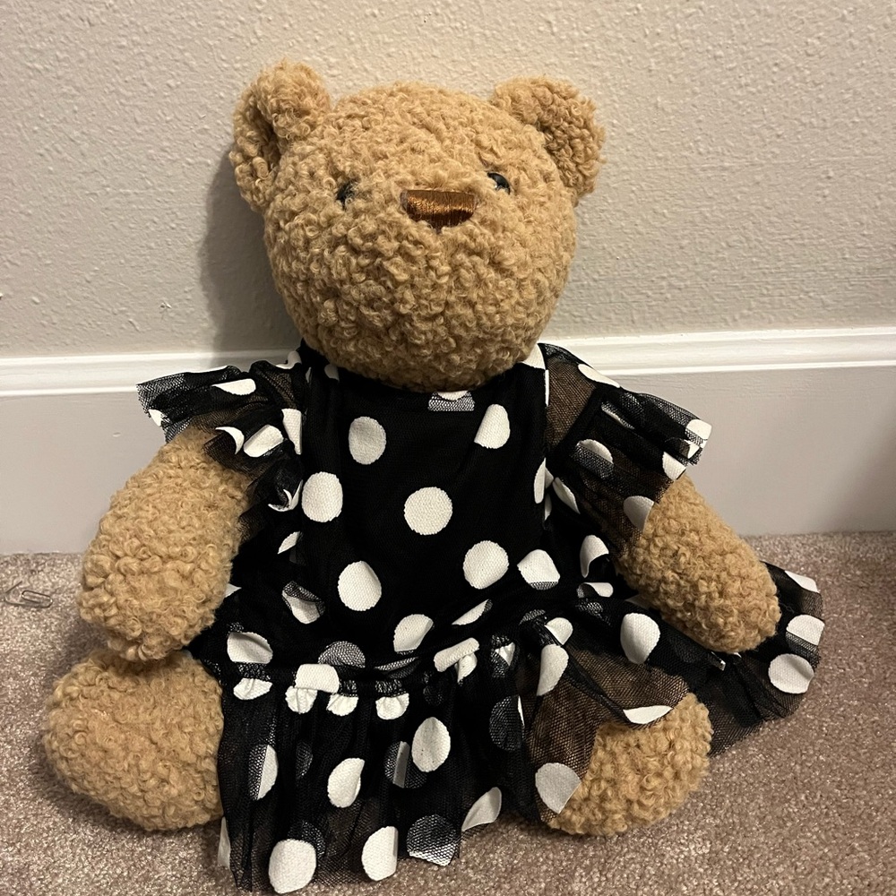 Charming Tan Teddy Bear in Polka Dot Dress